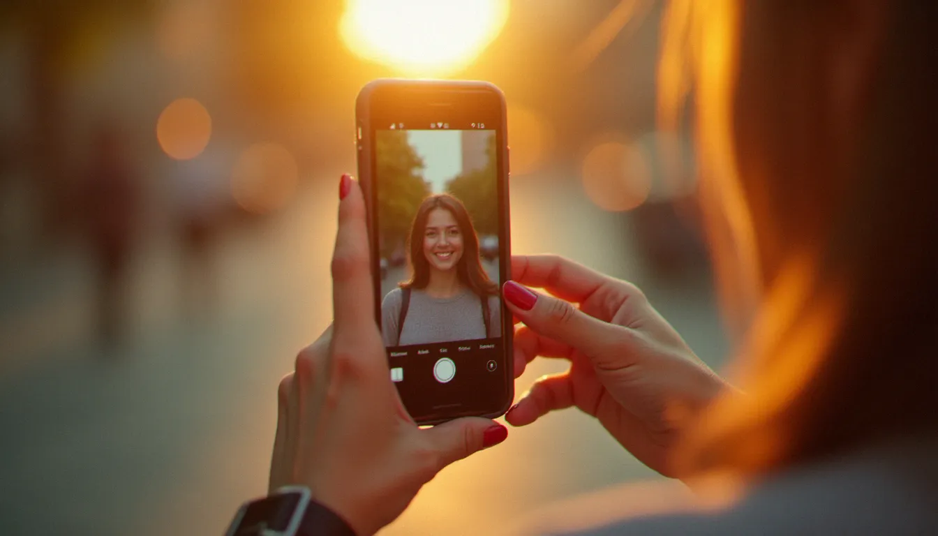 Mains tenant un smartphone avec une application mobile de changement d'arrière-plan photo activée, dans une lumière dorée de fin d'après-midi