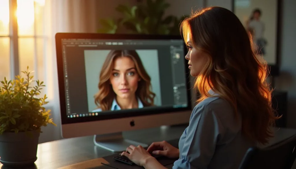 photo comment changer larriere plan featured Une photographe professionnelle en train de changer l'arrière-plan d'une photo portrait sur Photoshop, éclairée par une lumière naturelle dorée venant d'une fenêtre