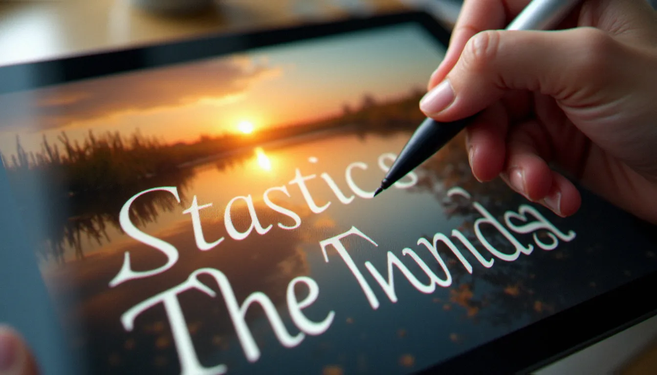 Mains d'une photographe positionnant avec précision un commentaire de texte sur une photo de marais en lumière dorée via tablette graphique