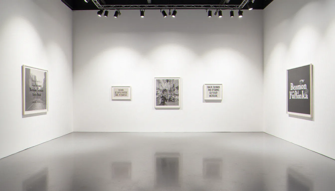 Galerie d'exposition présentant des photographies artistiques avec différents styles typographiques intégrés comme commentaires de texte sous éclairage de galerie directif
