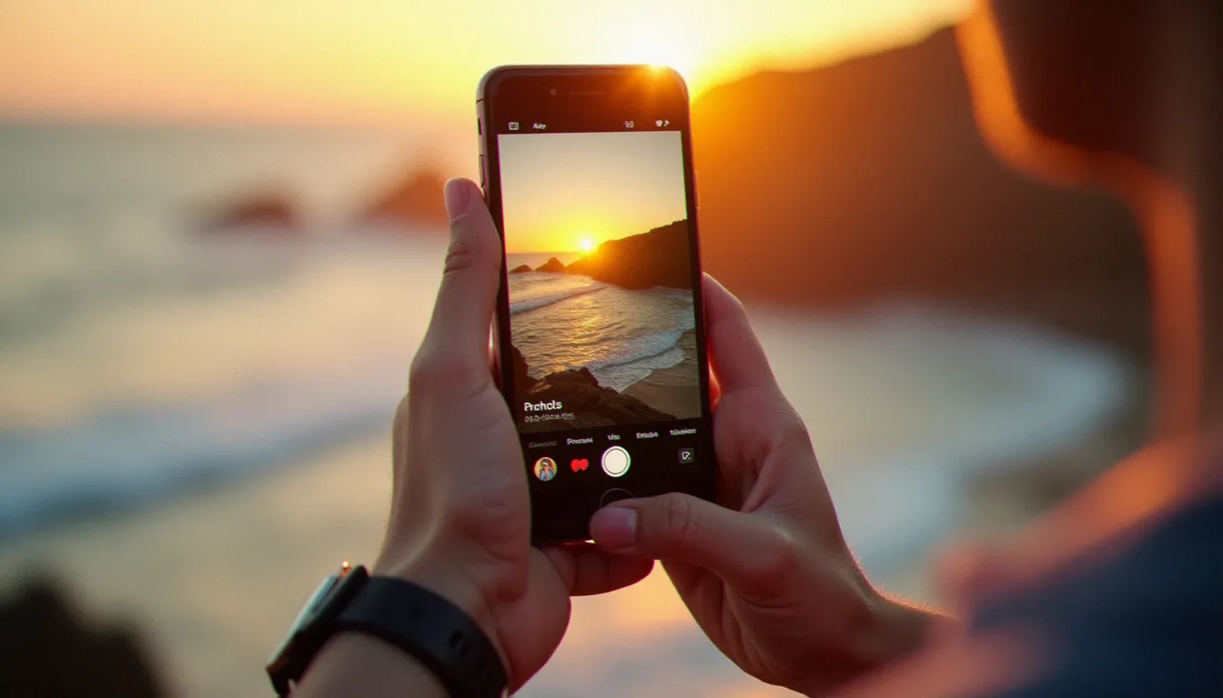 Mains tenant un smartphone affichant une photo de lumière naturelle sur TikTok avec une section de commentaires drôles visible sous la publication