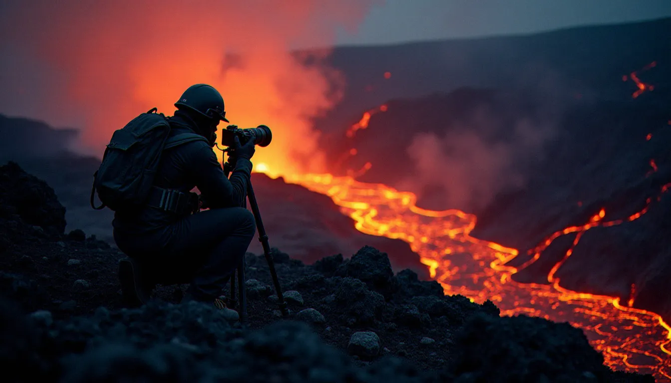Photographe équipé sur une coulée de lave active de nuit, illustrant les terrains extrêmes propres à la photo danger de mort en lumière naturelle volcanique