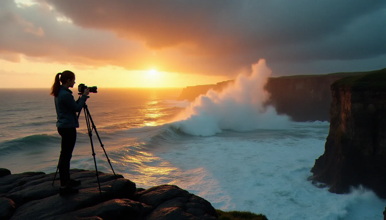 Photographe femme au bord d'une falaise atlantique lors d'une photo danger de mort, capturant la lumière dorée du levant avec un trépied face aux vagues