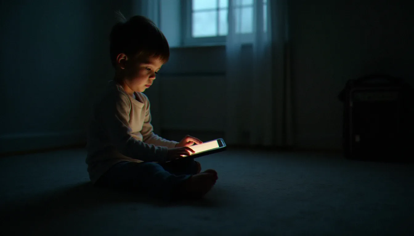 Enfant assis seul face à l'écran lumineux d'une tablette dans une pièce tamisée, évoquant la vulnérabilité des mineurs exposés sans consentement sur les réseaux sociaux