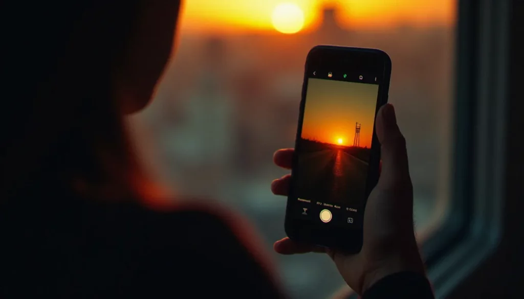 photo danger reseaux sociaux featured Photographe tenant un smartphone avec une photo de paysage prête à être publiée sur les réseaux sociaux, illustrant les dangers de la photo en ligne