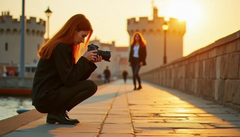 Photographe en séance portrait sur le port de La Rochelle, adaptant son exposition au phototype clair de son sujet en lumière naturelle dorée
