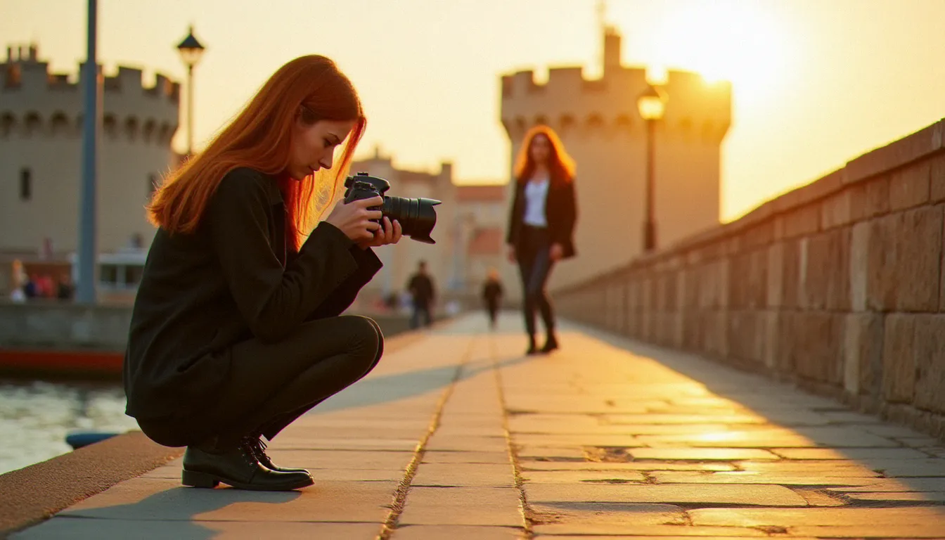 Photographe en séance portrait sur le port de La Rochelle, adaptant son exposition au phototype clair de son sujet en lumière naturelle dorée