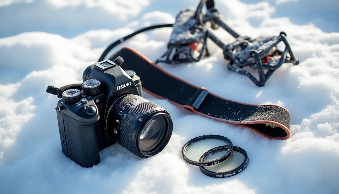 Matériel photographique professionnel disposé sur la neige en haute montagne, avec crampons et piolet visibles à proximité, lumière alpine rasante