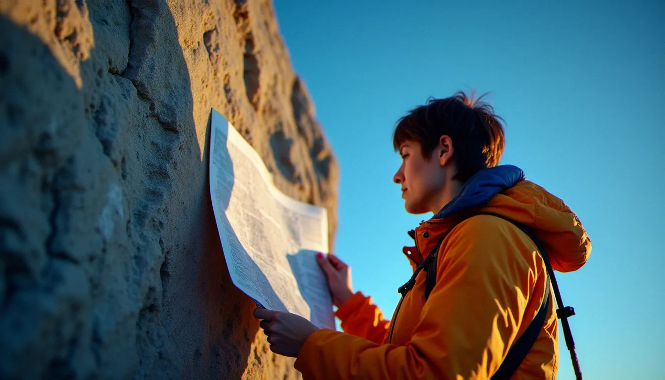Guide de haute montagne féminine consultant une carte topographique contre une paroi de granit, cadrage en contre-plongée sur fond de ciel bleu profond en lumière dorée