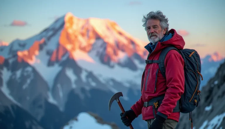 Photo d'un guide de haute montagne en tenue alpine complète sur une arête rocheuse au lever du soleil, massif du Mont-Blanc visible en arrière-plan