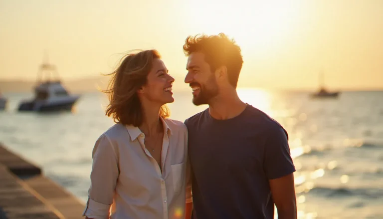 Photo meilleur ami fille garçon prise en contre-jour sur un quai atlantique, lumière dorée de fin de journée enveloppant les deux sujets complices et souriants