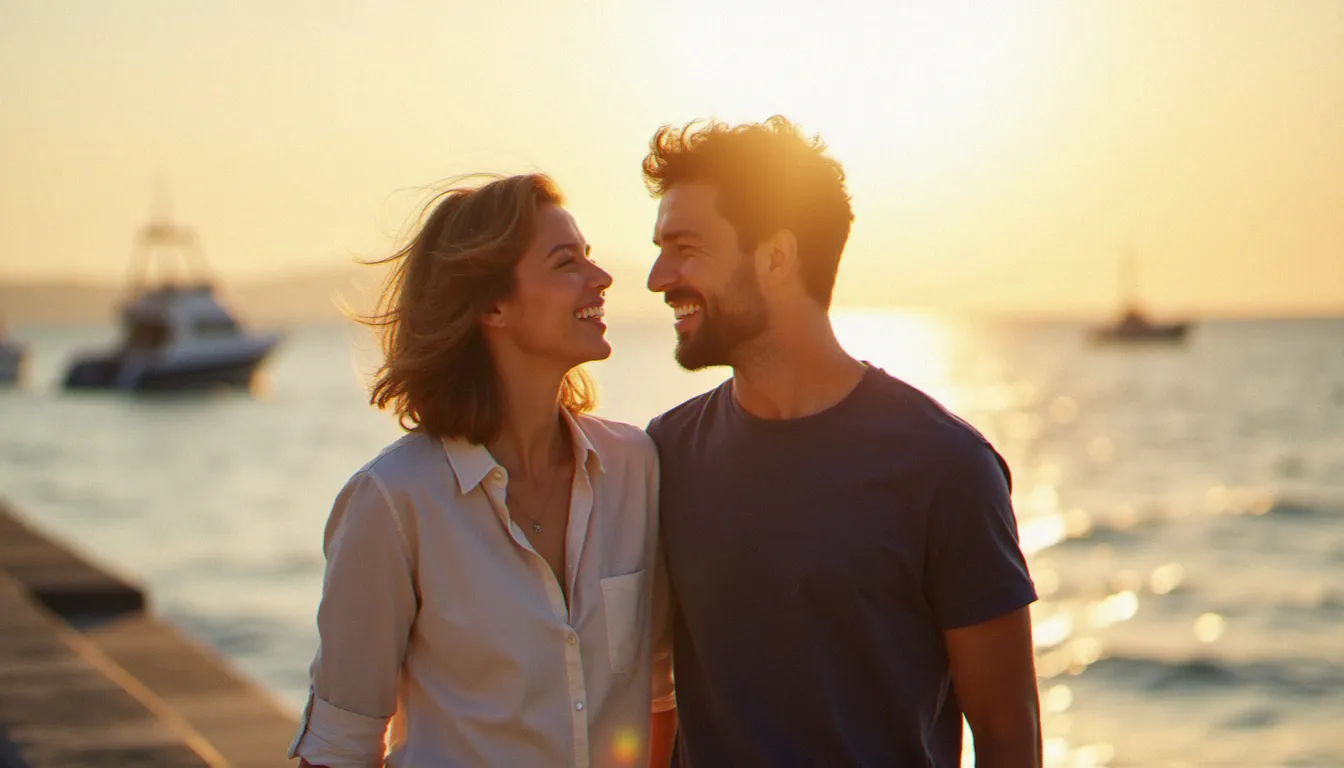 Photo meilleur ami fille garçon prise en contre-jour sur un quai atlantique, lumière dorée de fin de journée enveloppant les deux sujets complices et souriants