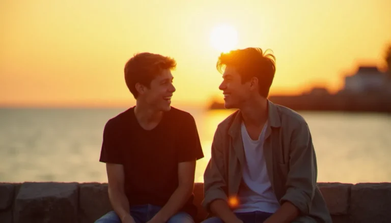 Photo meilleur ami garçon prise à la golden hour sur un quai au bord de l'Atlantique, deux adolescents complices riant avec un éclairage naturel chaud en contre-jour