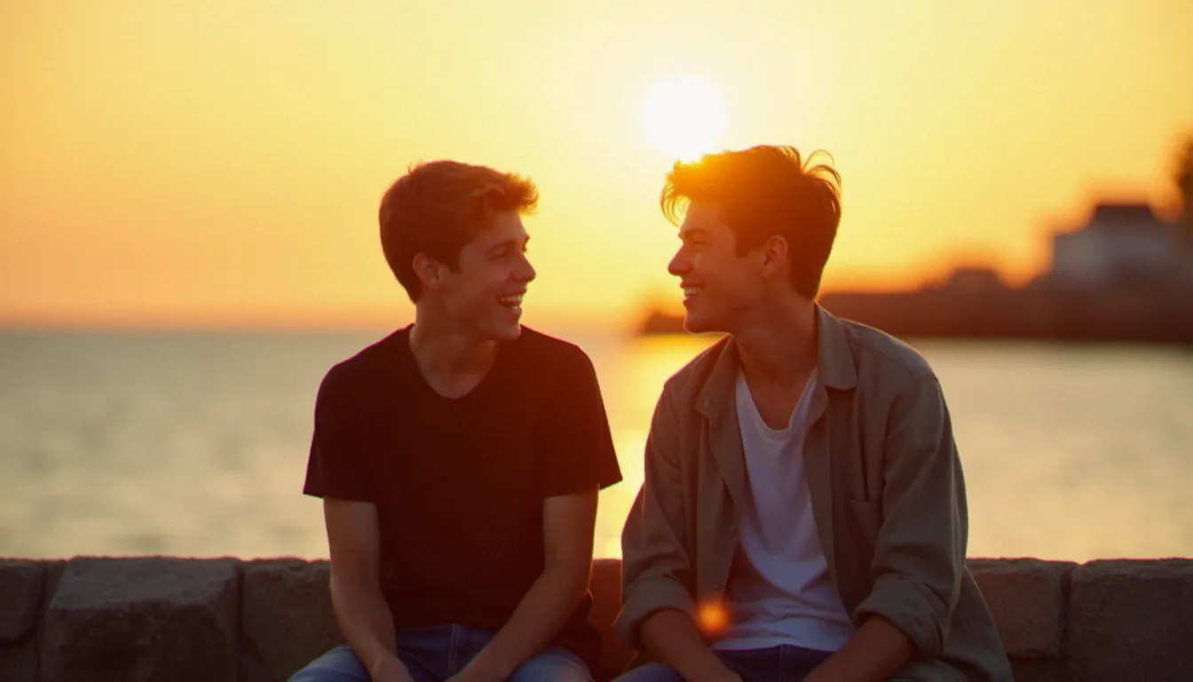 Photo meilleur ami garçon prise à la golden hour sur un quai au bord de l'Atlantique, deux adolescents complices riant avec un éclairage naturel chaud en contre-jour