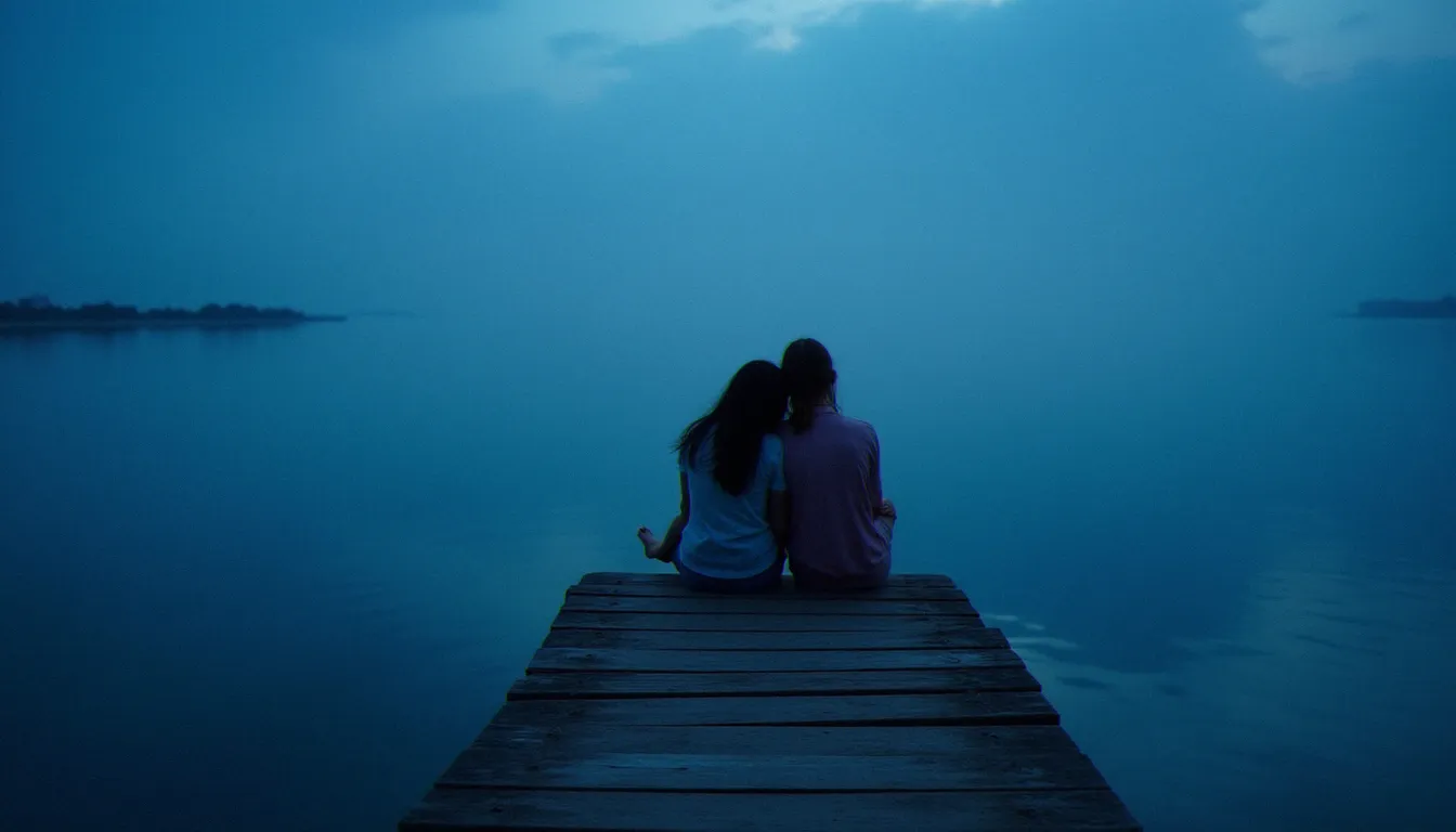 Photo poétique de deux meilleures amies assises côte à côte sur un ponton en bois à l'heure bleue, regard partagé vers l'horizon dans une ambiance intimiste et mélancolique