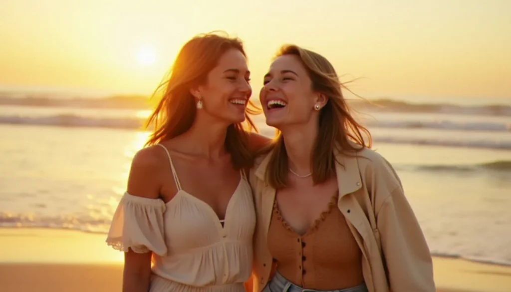 photo meilleur amis featured Photo meilleur amis de deux jeunes femmes complices riant ensemble sur une plage atlantique à l'heure dorée, lumière naturelle chaude et atmosphère authentique