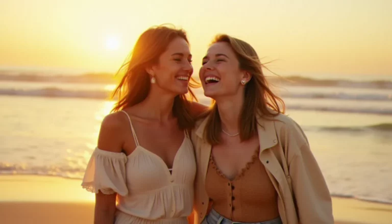 Photo meilleur amis de deux jeunes femmes complices riant ensemble sur une plage atlantique à l'heure dorée, lumière naturelle chaude et atmosphère authentique