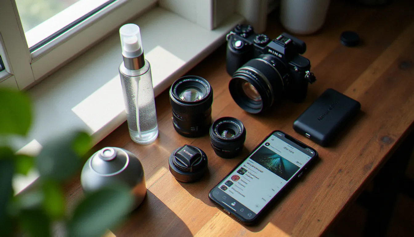 Matériel de préparation pour un shooting photo disposé sur une table en bois près d'une fenêtre, comprenant un réflecteur argenté, un objectif 50mm et un spray d'eau, éclairé à la lumière naturelle diffuse