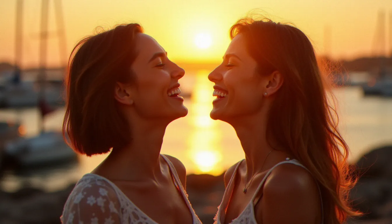 Photo de deux meilleures amies riant spontanément sur un port atlantique au coucher du soleil, lumière dorée en contre-jour créant un halo naturel autour de leurs silhouettes