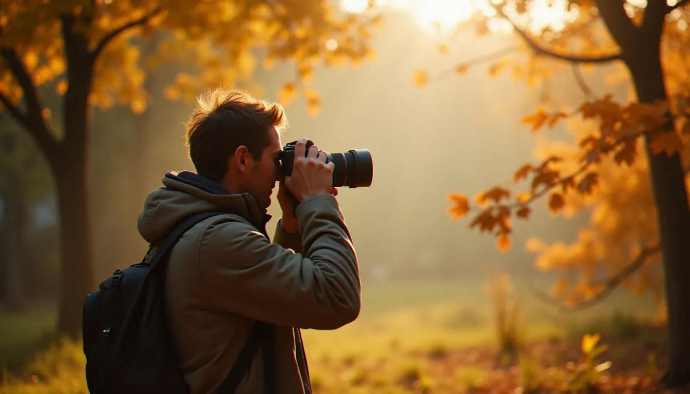 Photographe cadrant une scène en forêt automnale avec une composition en profondeur, lumière filtrée et lignes directrices naturelles