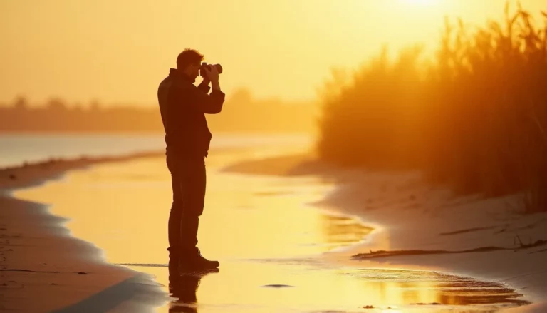 Photographe capturant une photo meilleur qualité au lever du soleil sur un estuaire, lumière dorée rasante sur l'eau et les roseaux
