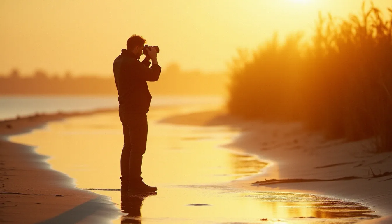 Photographe capturant une photo meilleur qualité au lever du soleil sur un estuaire, lumière dorée rasante sur l'eau et les roseaux