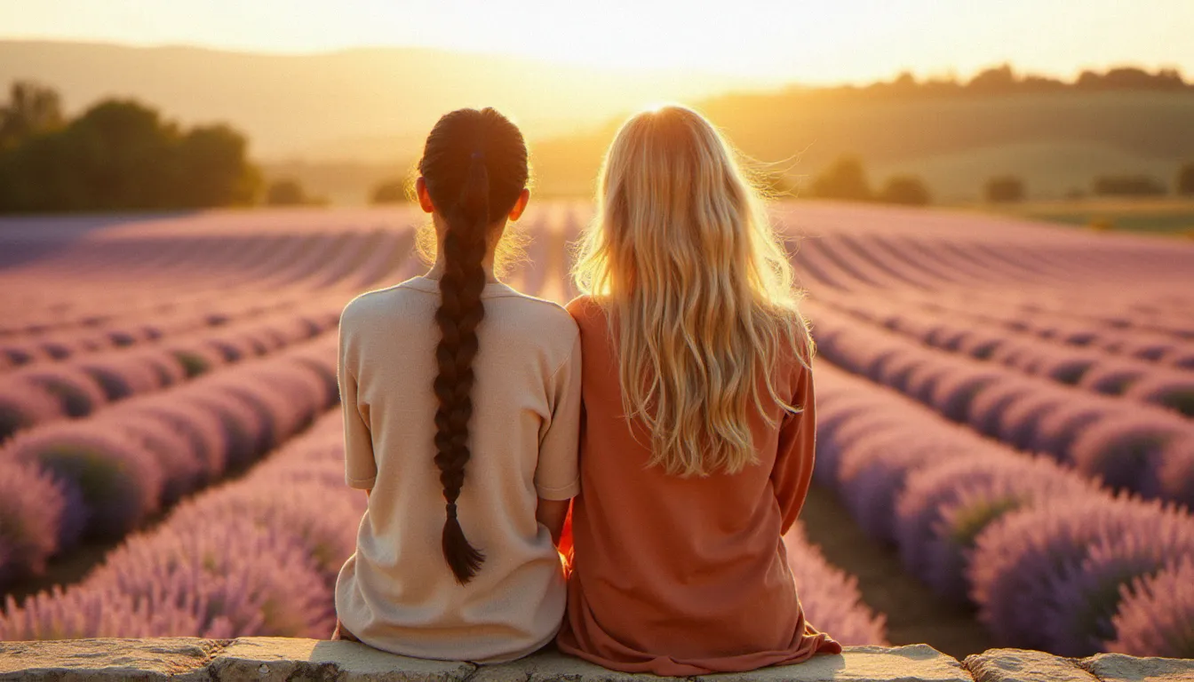 Deux amies de dos assises sur un muret en pierre face à un champ de lavande ensoleillé en Provence, lumière matinale dorée rasante, tenues aux tons naturels harmonisés beige et terracotta