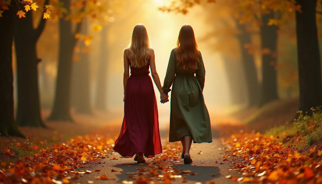 Photo de dos de deux meilleures amies marchant main dans la main sur un sentier forestier en automne, lumière tamisée dorée à travers le feuillage, robe longue bordeaux et manteau lin vert kaki, brume légère en arrière-plan