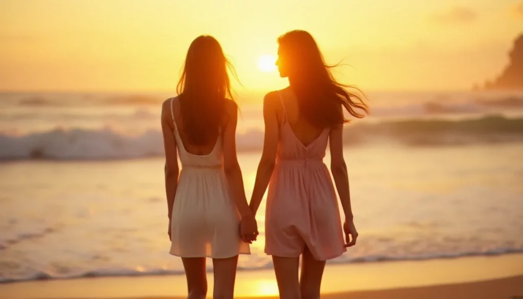photo meilleure amie de dos featured Photo meilleure amie de dos au coucher du soleil sur la plage, deux silhouettes en robes légères marchant vers l'horizon doré de l'océan Atlantique, lumière rasante créant un halo sur leurs cheveux