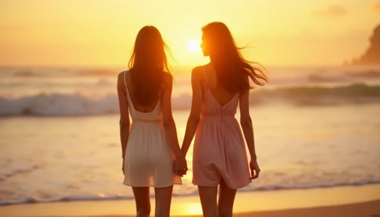 Photo meilleure amie de dos au coucher du soleil sur la plage, deux silhouettes en robes légères marchant vers l'horizon doré de l'océan Atlantique, lumière rasante créant un halo sur leurs cheveux