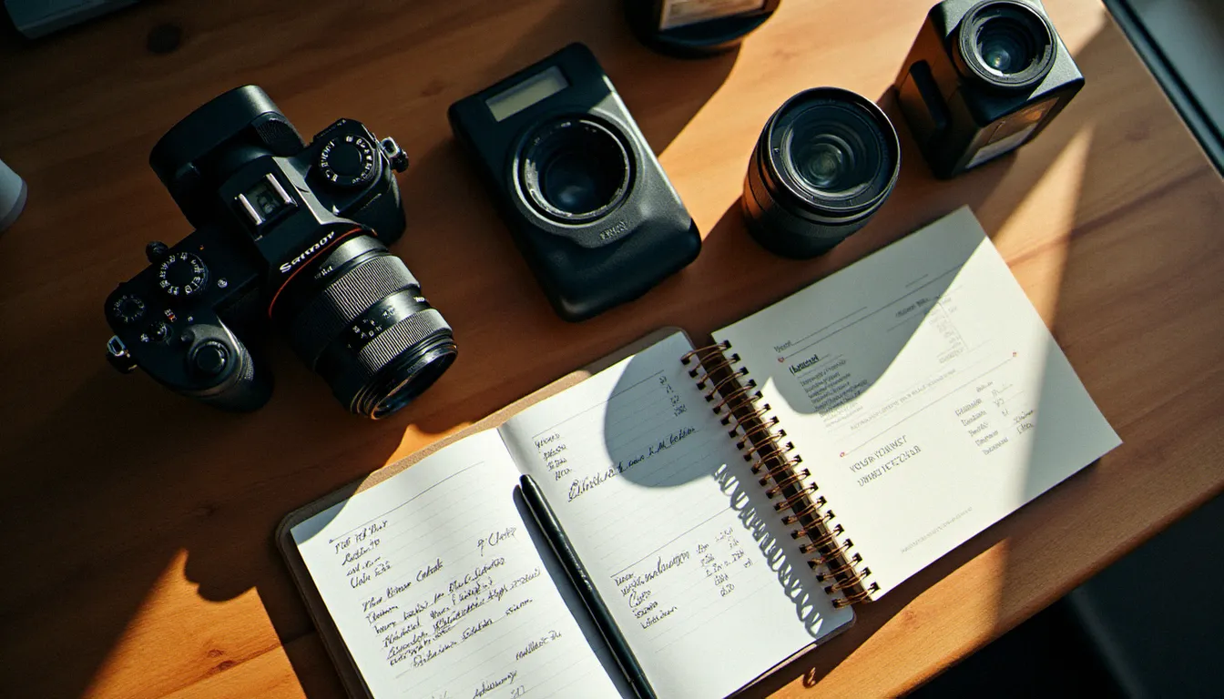 Matériel photographique professionnel et carnet de tarification posés sur un bureau en bois, illustrant la composition détaillée d'un photo prix professionnel