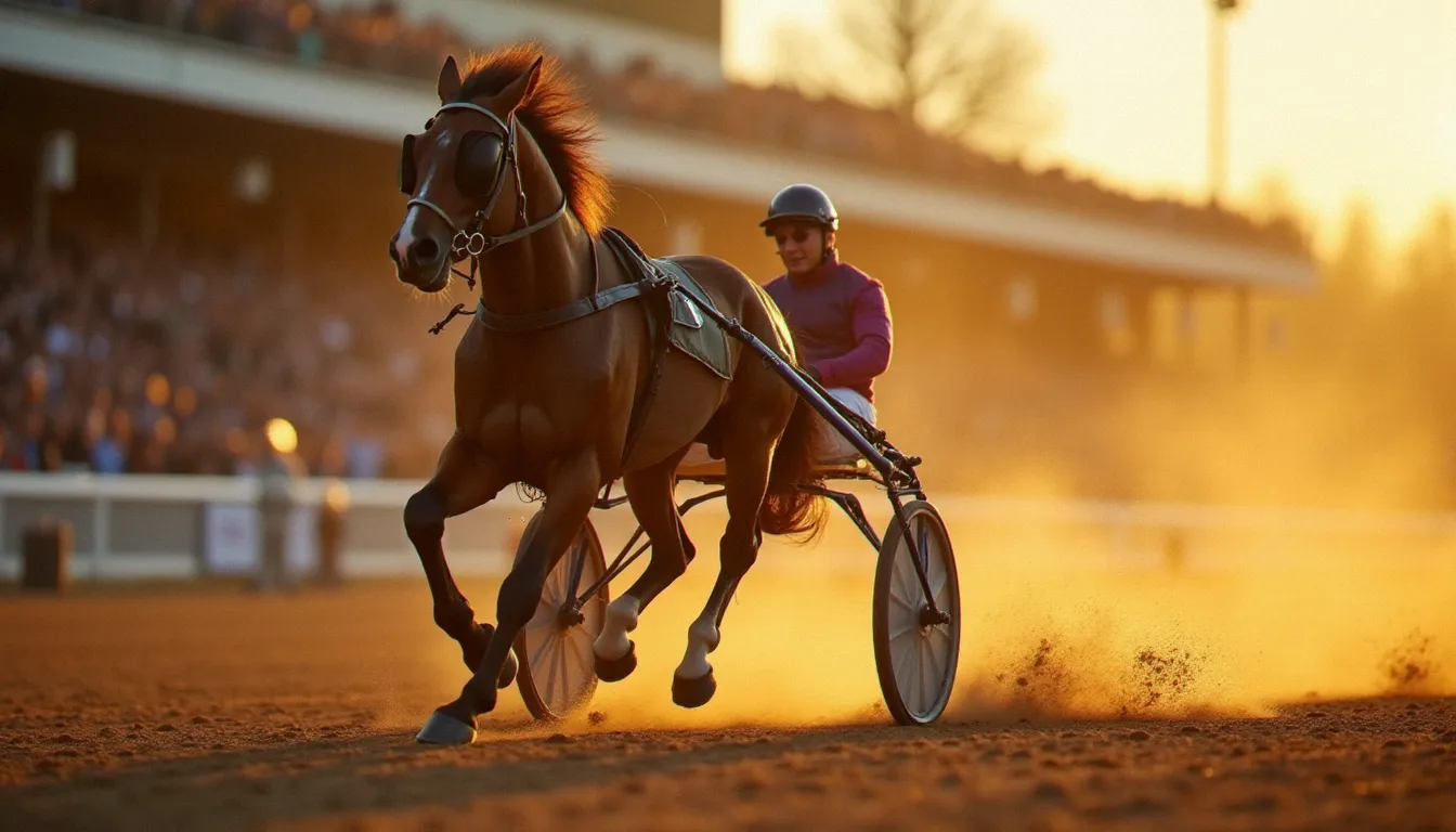 Photo Prix d'Amérique d'un trotteur attelé lancé à pleine vitesse sur la piste de Vincennes sous la lumière dorée et rasante de janvier