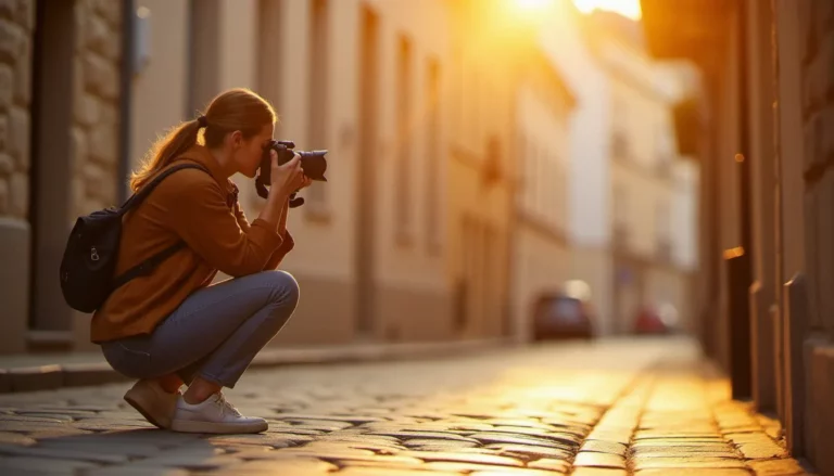 Photographe professionnelle en séance portrait en lumière naturelle dorée à La Rochelle, illustrant la valeur d'un photo prix professionnel