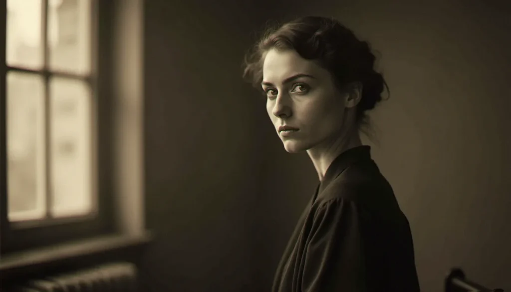 photo prix nobel marie curie featured Portrait sépia d'une femme scientifique en robe sombre éclairée par une lumière naturelle diffuse de fenêtre d'atelier, évoquant la photo prix Nobel Marie Curie de 1903