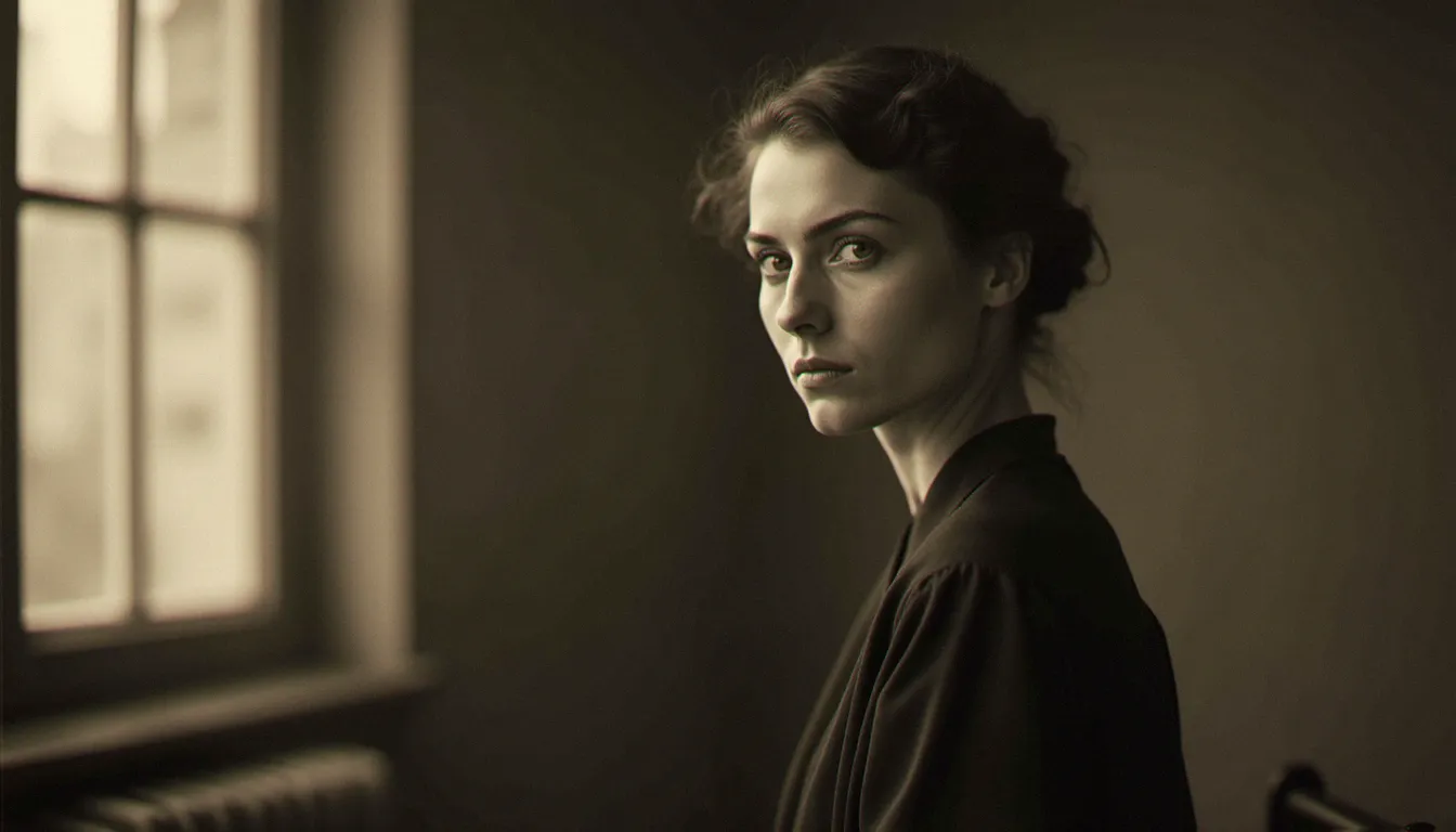 Portrait sépia d'une femme scientifique en robe sombre éclairée par une lumière naturelle diffuse de fenêtre d'atelier, évoquant la photo prix Nobel Marie Curie de 1903