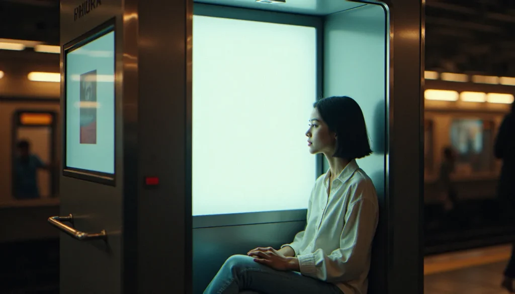 photo prix photomaton featured Femme assise dans une cabine photomaton moderne en gare française, illustrant le prix et l'usage courant d'une photo photomaton