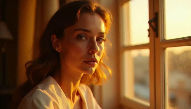 Portrait en lumière naturelle dorée d'une star légendaire capturé dans un intérieur côtier français, illustrant la valeur artistique d'une photo prix star légendaire