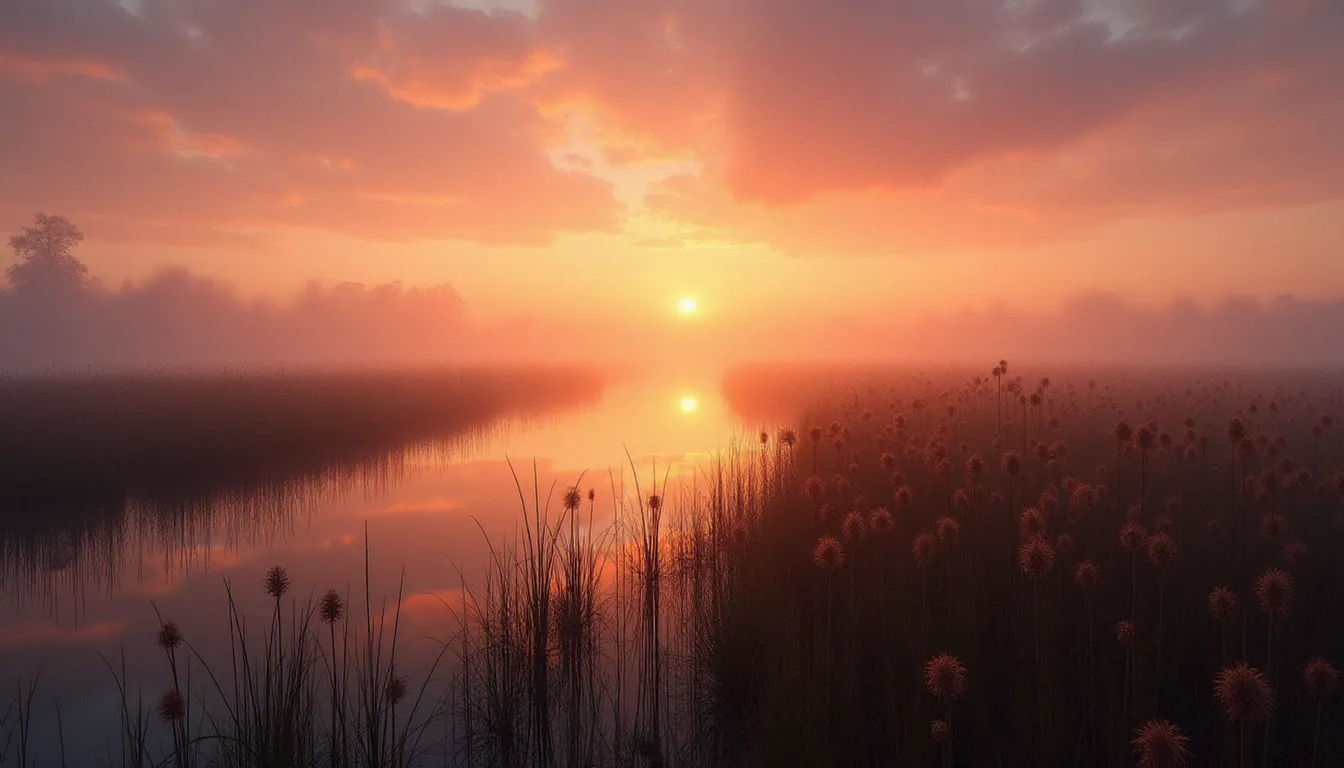 Lever de soleil sur les marais brumeux de la côte atlantique française, lumière dorée reflétée sur l'eau calme, illustrant pourquoi des photographes partagent leurs images librement