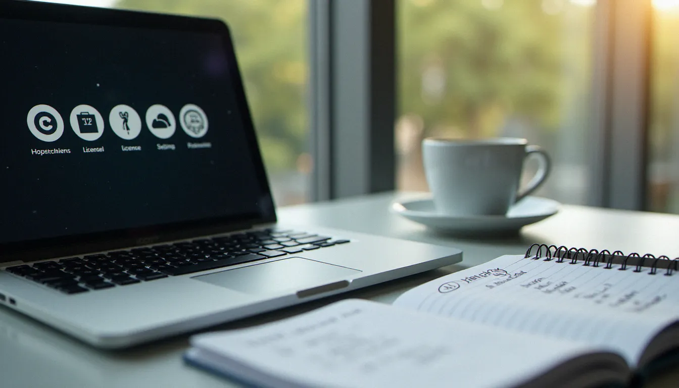 Écran d'ordinateur affichant les icônes de licences Creative Commons avec un carnet de notes manuscrites pour vérifier les conditions d'utilisation d'une photo sans droit d'auteur gratuit