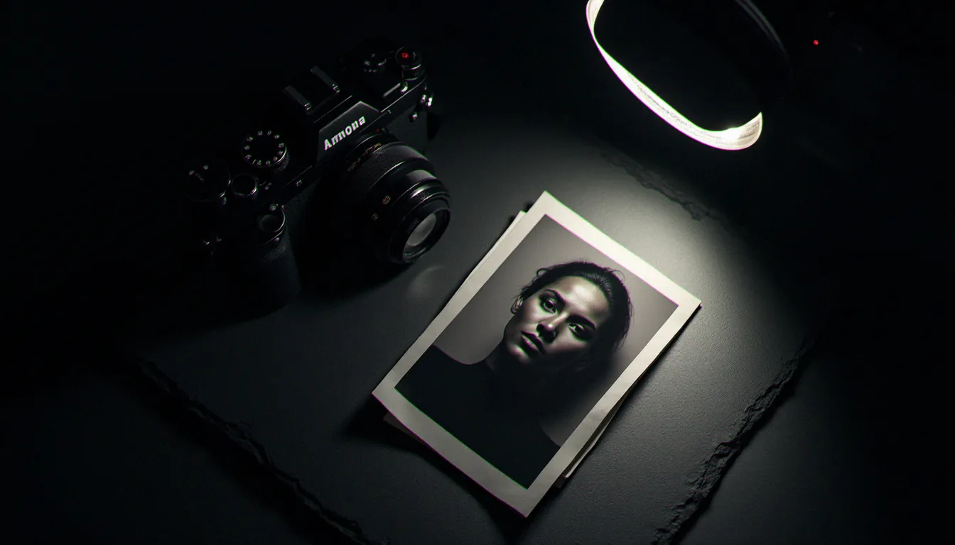 Matériel photographique et portrait imprimé sur fond sombre illustrant la technique de création d'une photo de profil noire professionnelle en studio
