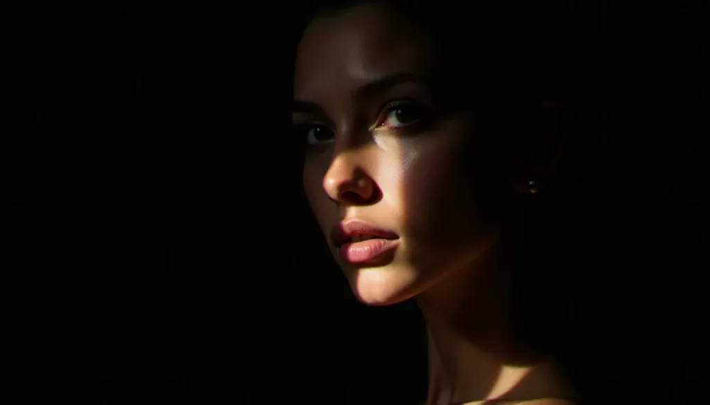 pourquoi photo de profil noire featured Portrait en basse clé illustrant pourquoi choisir une photo de profil noire, visage de femme émergeant de l'obscurité avec une lumière latérale dramatique