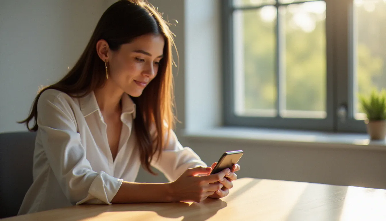 Femme consultant les paramètres de confidentialité de son smartphone pour comprendre pourquoi la photo de profil WhatsApp de l'un de ses contacts a disparu