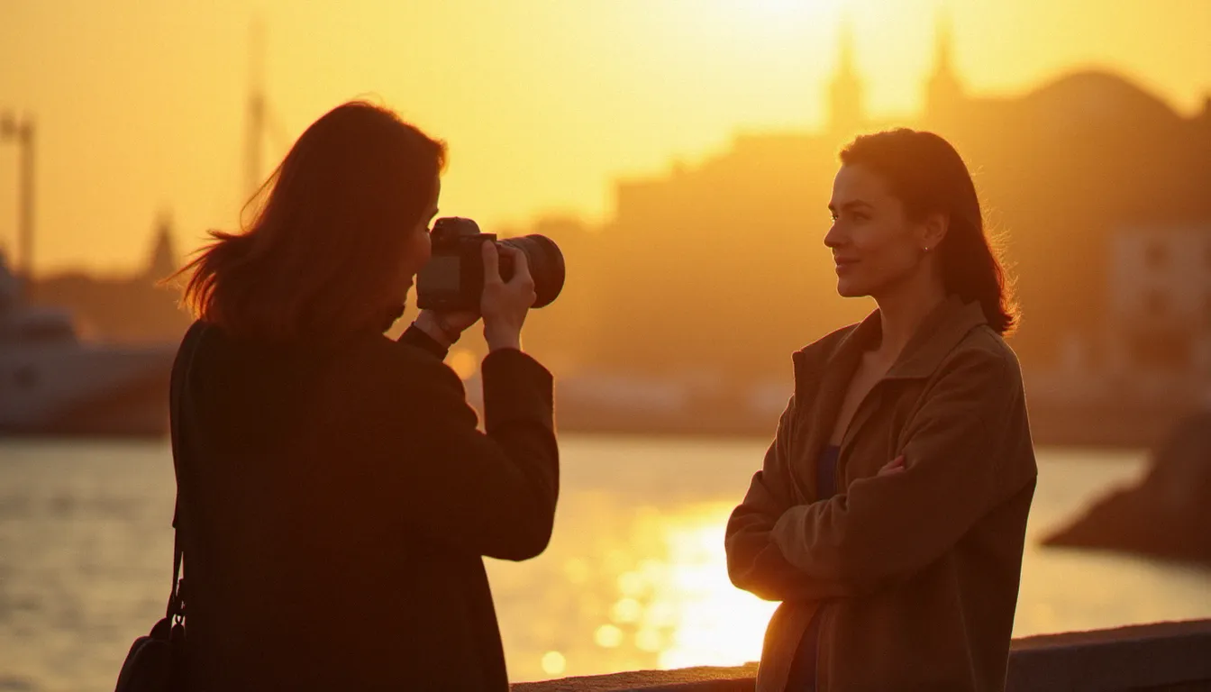 Séance de portrait professionnel en plein air à la lumière dorée du soir près d'un port, illustrant la création d'une photo de profil WhatsApp de qualité avec un photographe expert