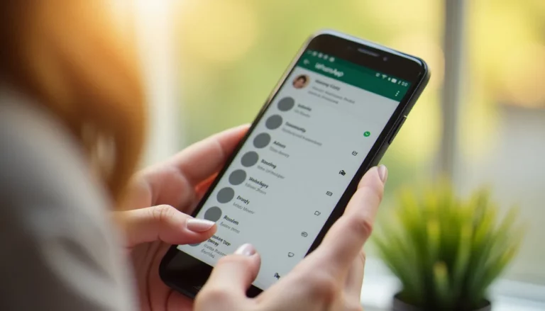 Écran de smartphone affichant une liste WhatsApp avec une photo de profil disparue remplacée par une icône grise, tenu près d'une fenêtre baignée de lumière naturelle matinale