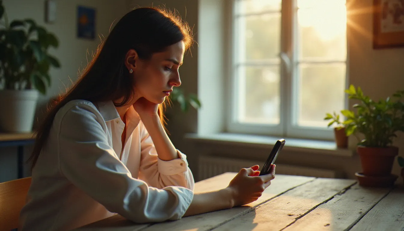 Utilisatrice frustrée regardant son téléphone avec des images non chargées dans WhatsApp, à cause de causes techniques comme le stockage ou la connexion