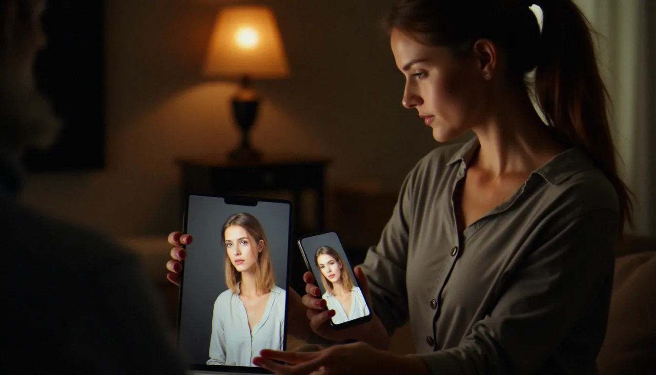 Photographe comparant la qualité d'un tirage original avec une version dégradée par la compression WhatsApp affichée sur smartphone