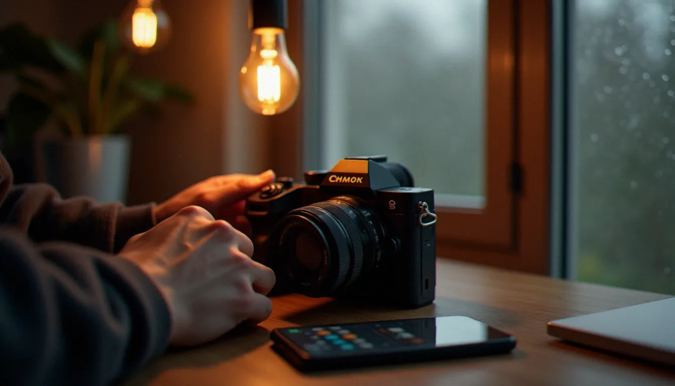 Mains d'une photographe réglant la balance des blancs de son appareil photo sous une lumière ambrée créée par une ampoule à filament LED, dans une atmosphère d'ambiance lumière chaleureuse