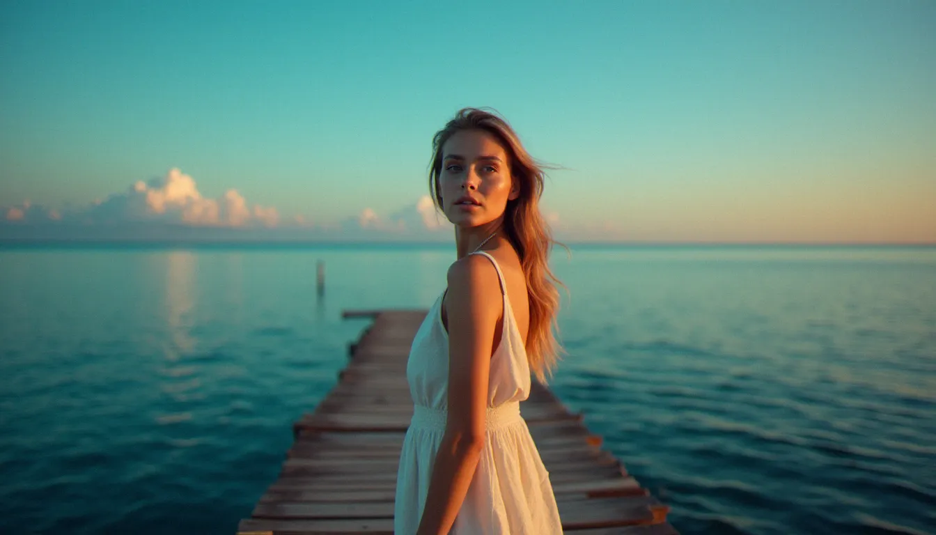 Portrait d'une femme en robe de lin crème sur un ponton en bois durant la transition entre l'heure dorée et l'heure bleue, avec un contraste saisissant entre la lumière chaude ambrée sur son visage et le ciel bleu électrique du crépuscule