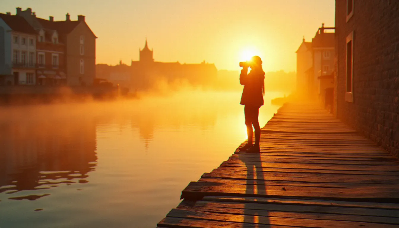 Ambiance lumière chaleureuse à l'aube sur un quai en pierre d'une ville côtière atlantique, avec des reflets dorés sur l'eau calme et une photographe enveloppée dans la lumière rasante du matin
