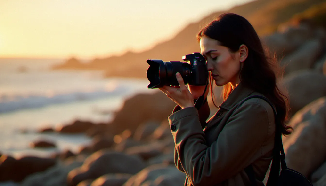 Photographe tenant un appareil photo à l'heure dorée sur la côte atlantique, illustrant le monde des apocopes photo qui désignent aussi bien l'acte que l'outil